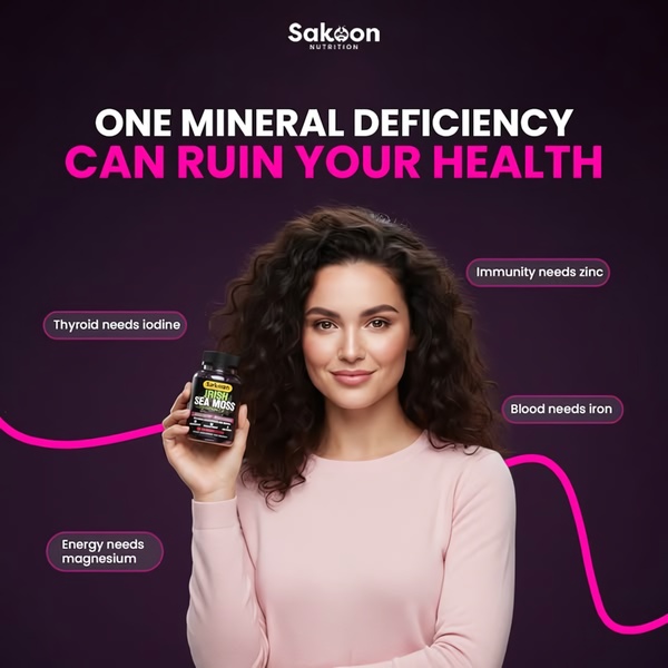 This static square creative features a woman holding an Irish Sea Moss supplement bottle, with callouts linking specific body functions to essential minerals.